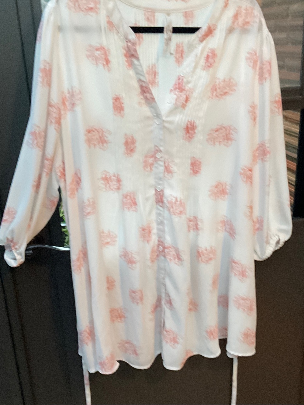 Melissa McCarthy Seven7 White Button-Front Tunic with Coral Floral Print 3/4 x